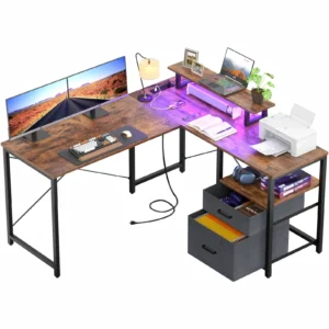 Rustic brown L-shaped computer desk with smart RGB LED light strip, built-in recessed power strip, and office file storage drawers.