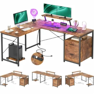 Rustic brown L-shaped desk with power outlet, LED lights and file drawer