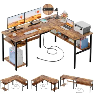 Rustic brown L-shaped computer desk with built-in power outlets USB ports and storage shelves for industrial home office gaming setup