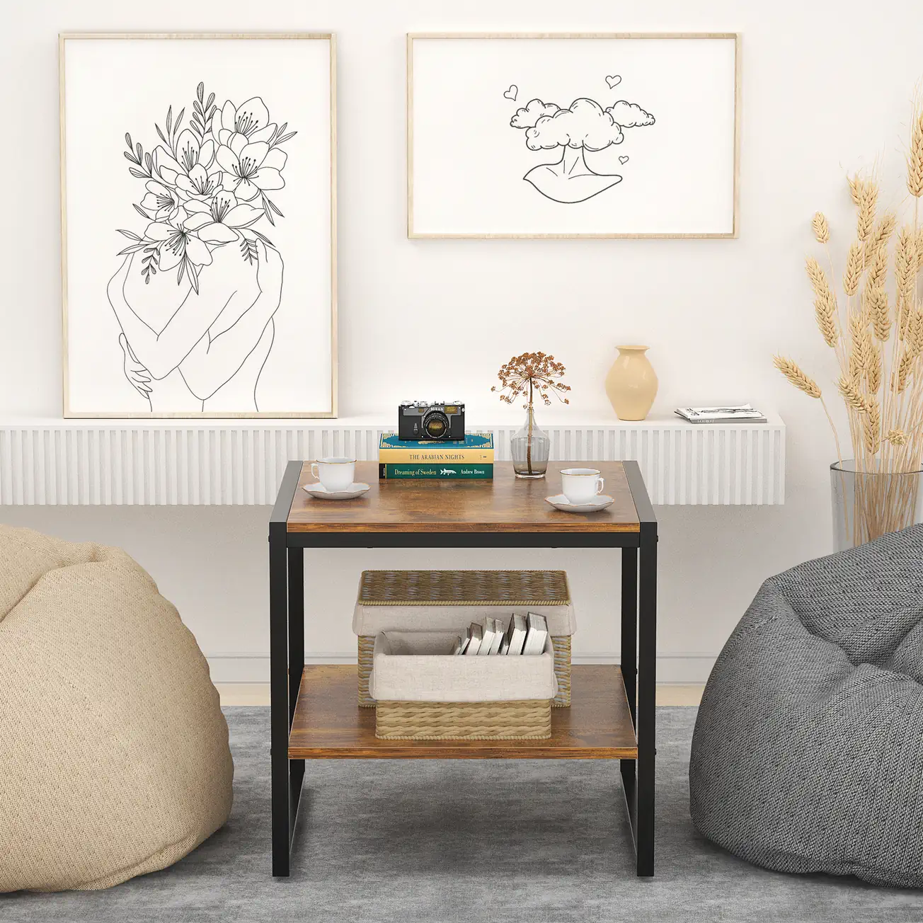Rustic Brown Lounge Side Table Bean Bag Scene Rustic brown 20x20 inch (50.8x50.8 cm) square side table placed between two bean bag chairs in a modern lounge room