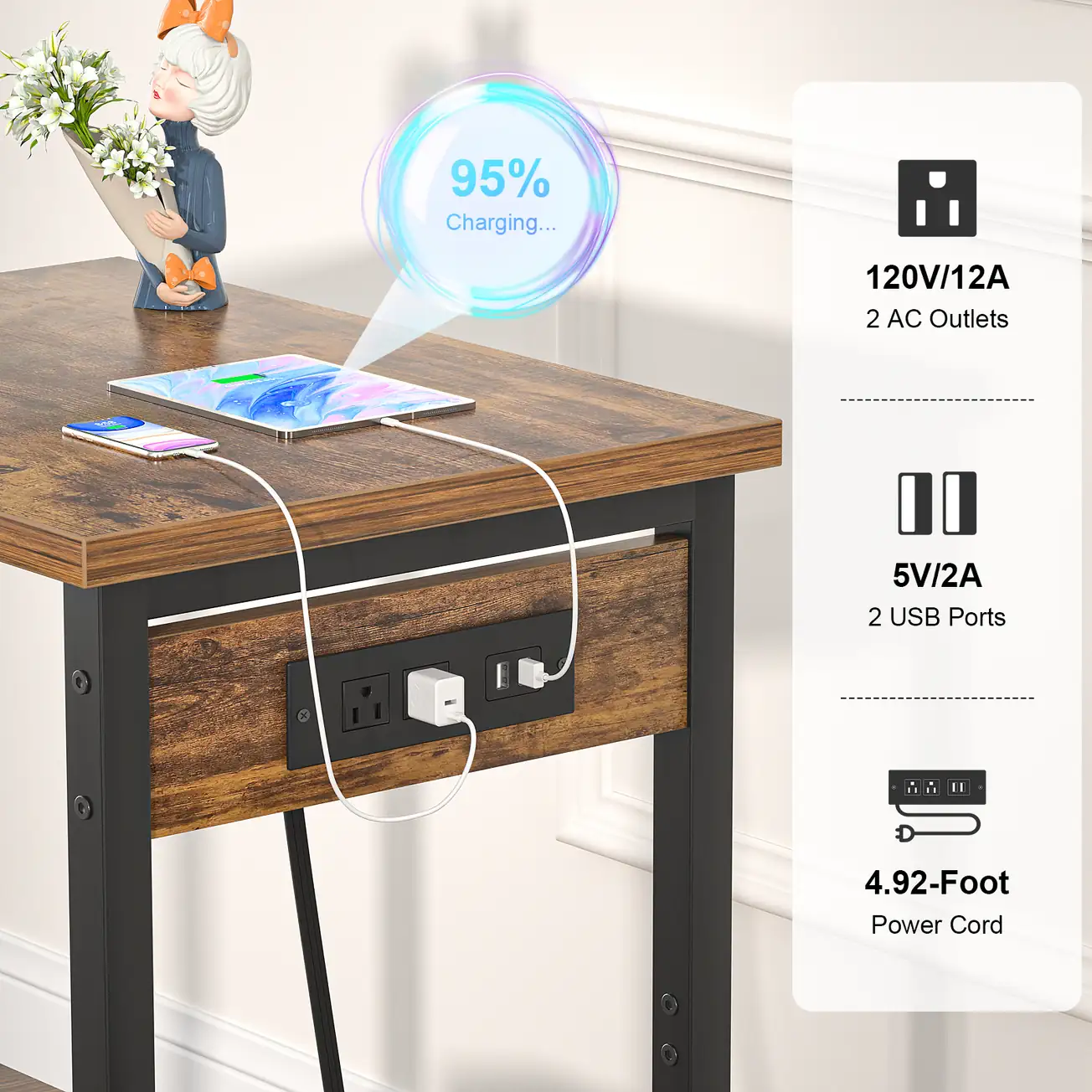 Rustic Brown Narrow Side Table Charging Specs Rustic brown narrow side table with 120V 12A AC outlets and 5V 2A USB charging station ports