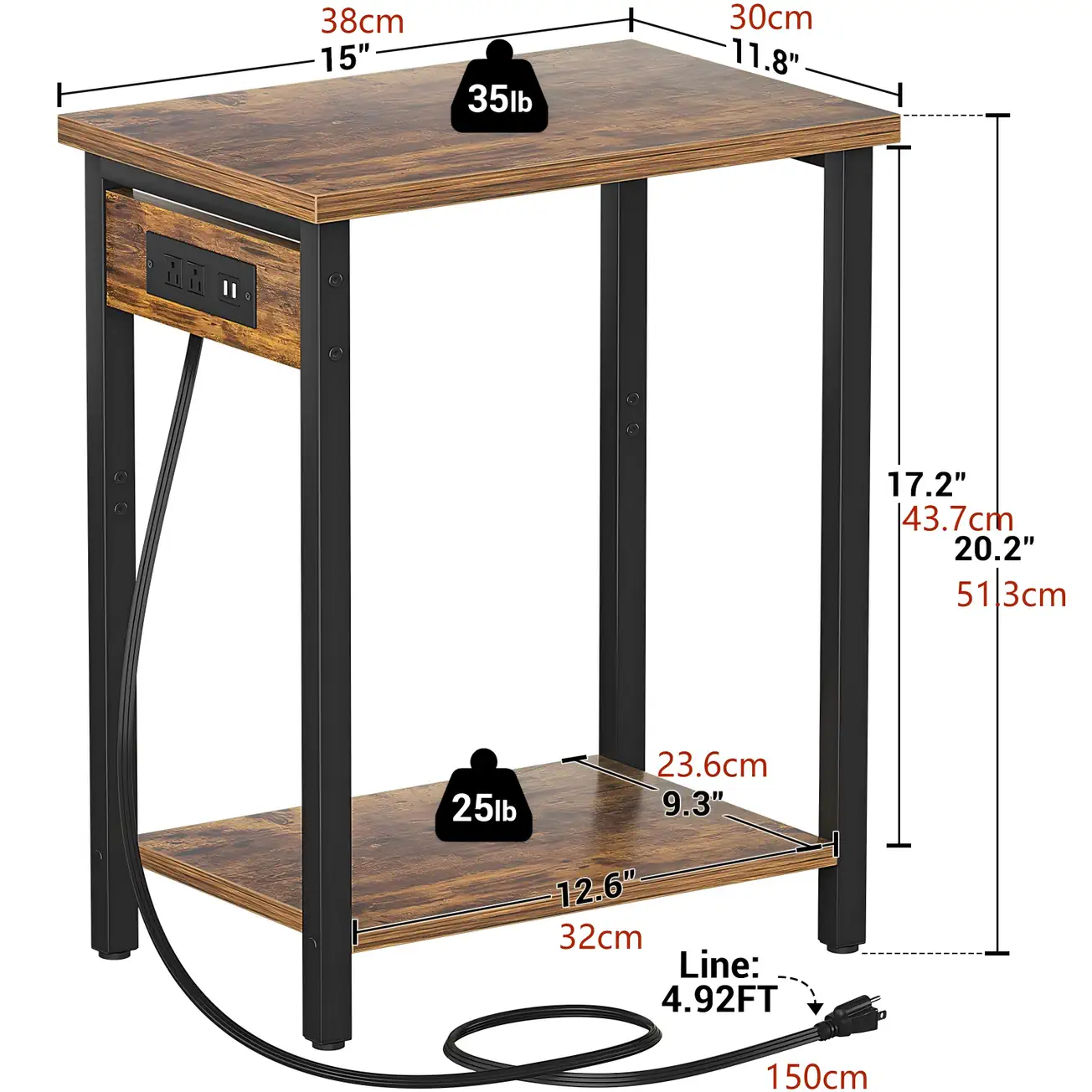 Rustic Brown Narrow Side Table Dimensions Rustic brown narrow side table size chart showing 38x30x51.3 cm (15x11.8x20.2 inch) dimensions and weight capacity