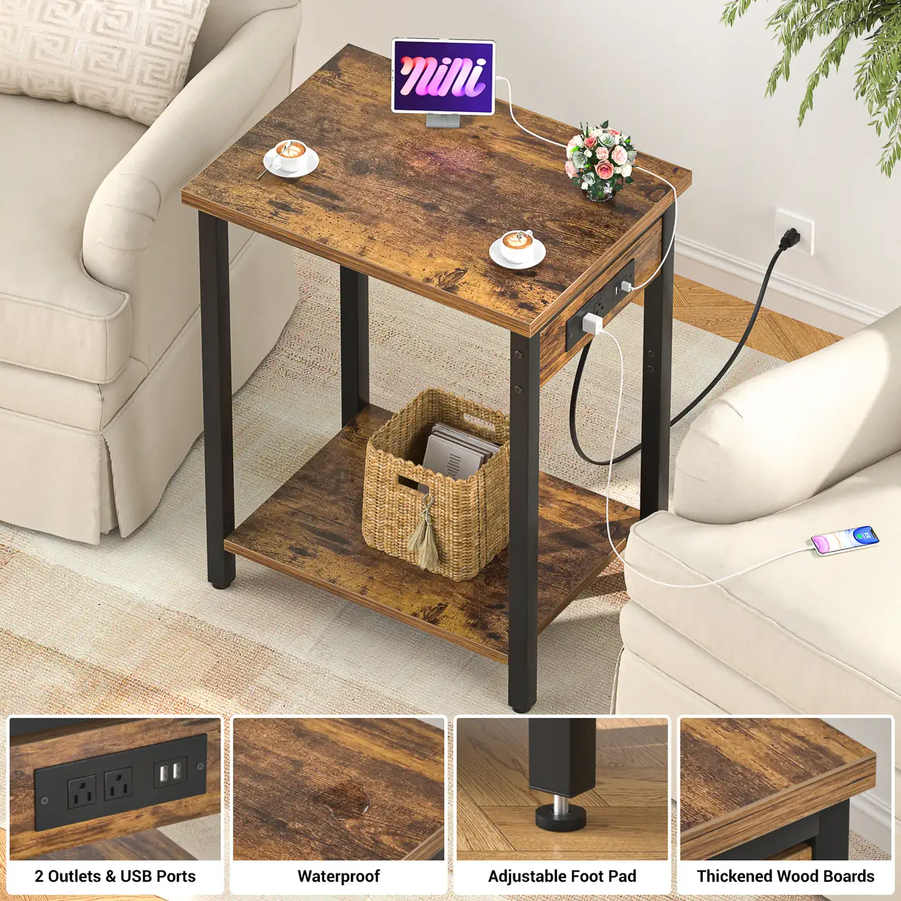 Rustic Brown Narrow Side Table Sofa Features Rustic brown narrow side table with 2 outlets & USB ports, waterproof thickened wood boards, and adjustable foot pad
