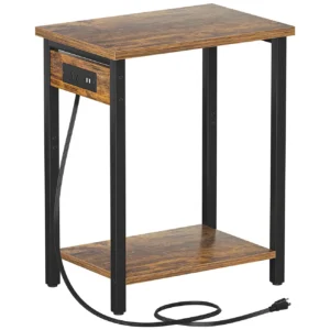 Rustic brown narrow side table with built-in charging station and 2-tier open storage shelves
