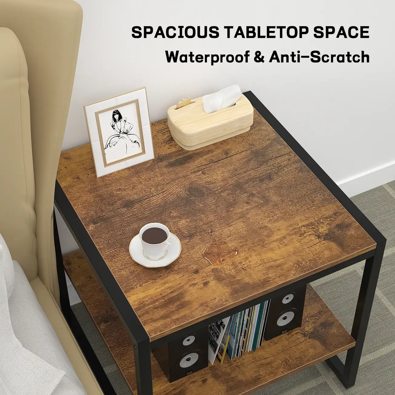Rustic Brown Nightstand Bedside Table Detail Rustic brown 20x20 inch (50.8x50.8 cm) bedroom nightstand bedside table with spacious waterproof and anti-scratch tabletop