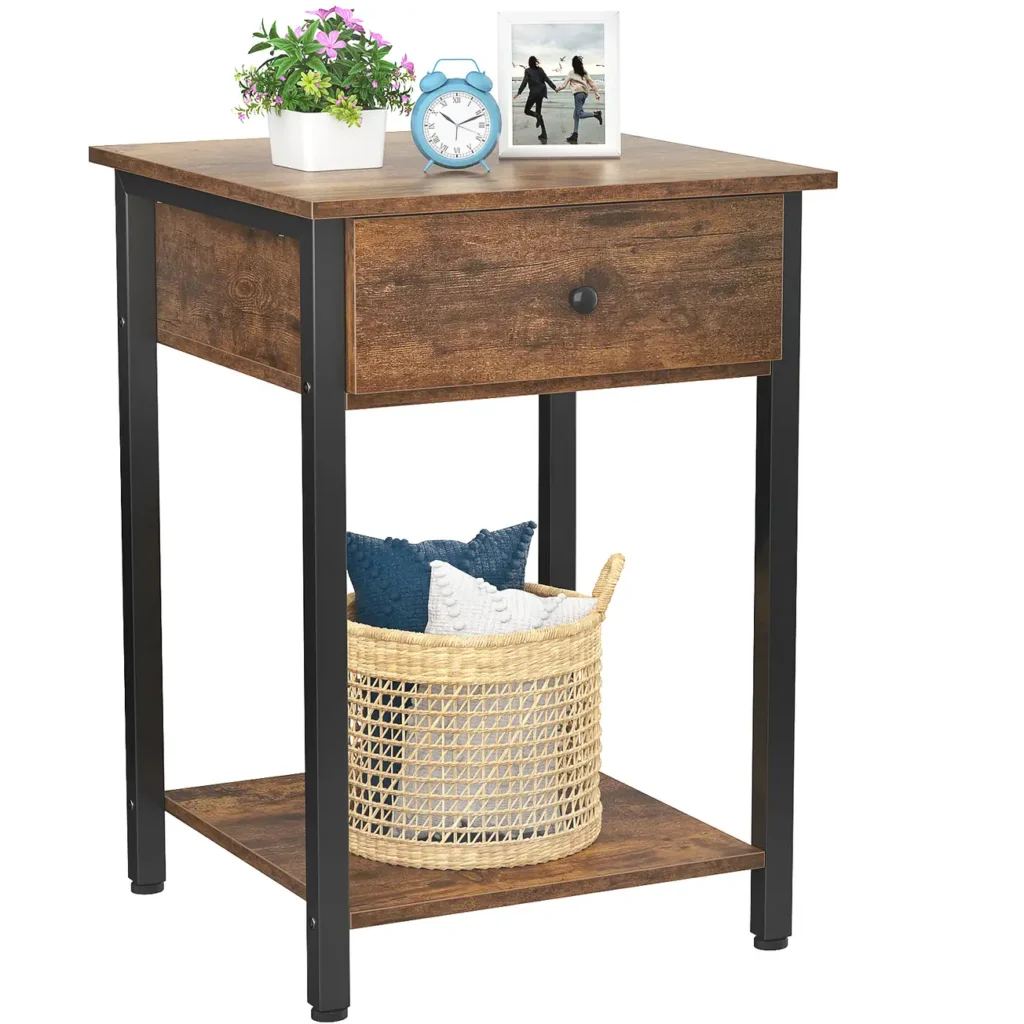 Industrial rustic brown nightstand featuring a vintage textured wood grain drawer and black metal frame with an open storage shelf.
