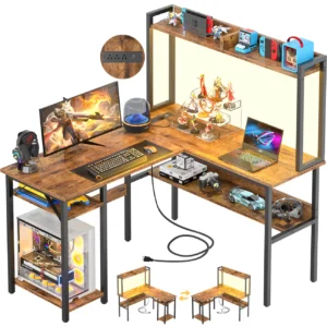 Rustic brown reversible gaming desk with hutch and storage shelves