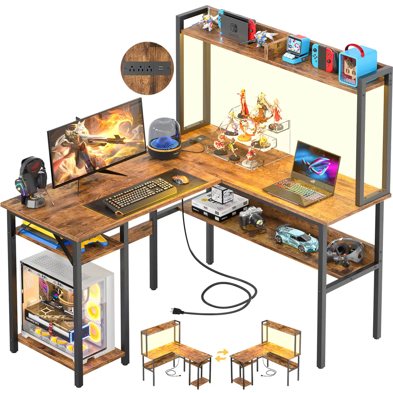 Rustic Brown Reversible Desk with Hutch Rustic brown reversible gaming desk with hutch and storage shelves