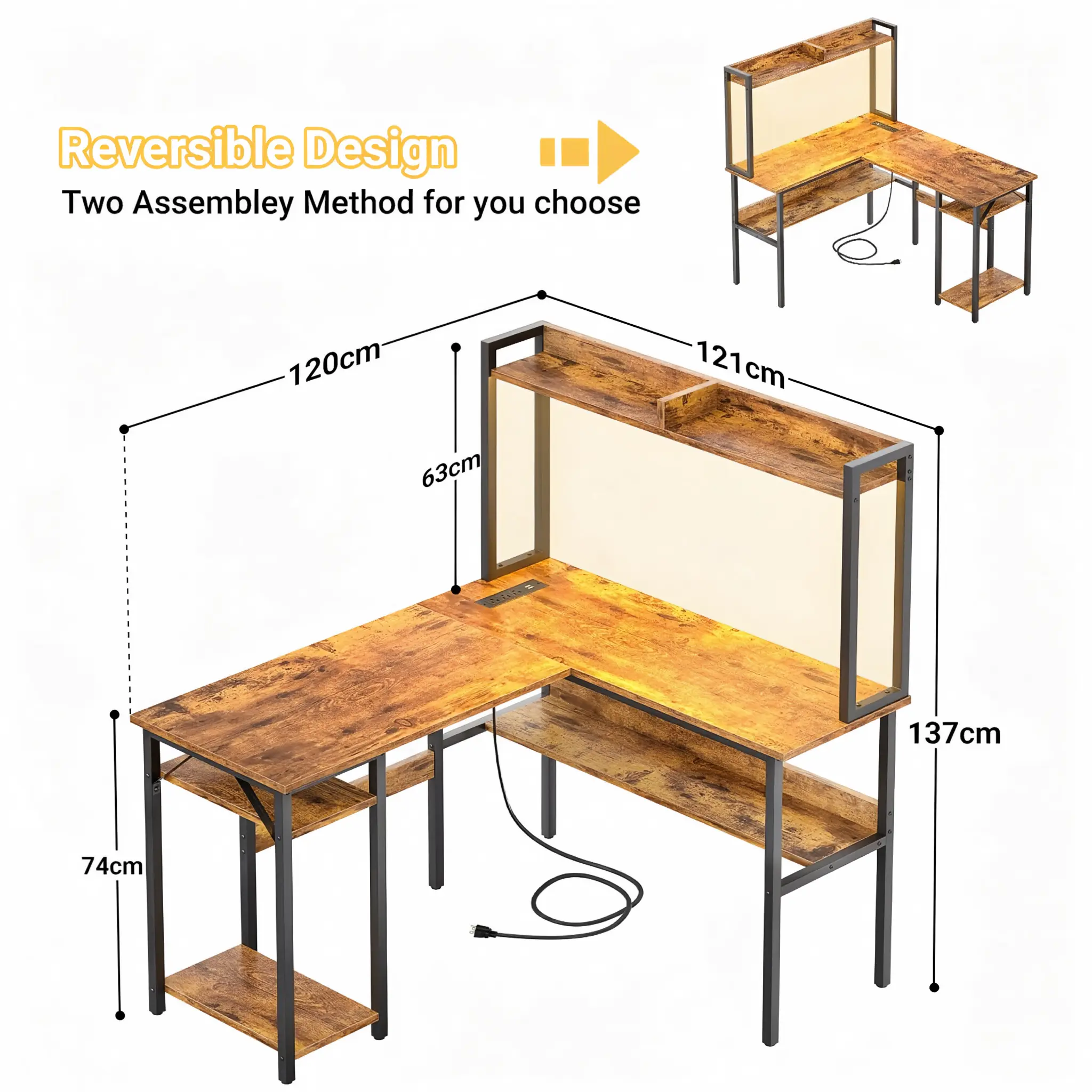 Rustic Brown Reversible Desk Dimensions Rustic brown reversible computer desk dimensions chart with 47.24" (120cm) and 41.73" (106cm) width