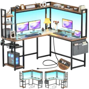 Rustic brown reversible L-shaped gaming desk with hutch, power outlets, and headphone hooks