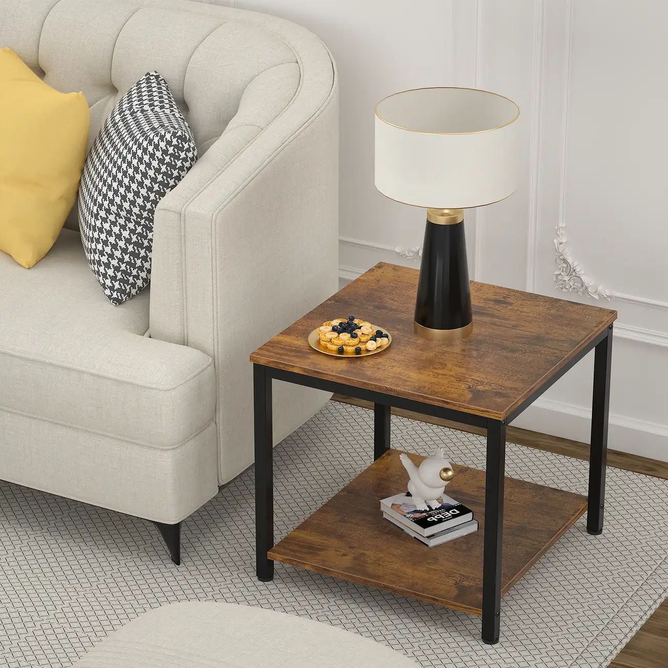 Rustic Brown Side Table Living Room Lifestyle Rustic brown 2 tier square side table placed next to a fabric sofa couch in a modern living room
