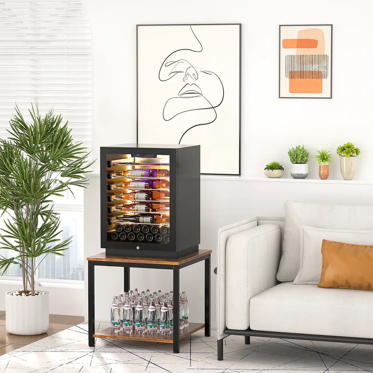 Rustic Brown Side Table Wine Cooler Stand Rustic brown 2 tier square side table used as a heavy duty wine cooler stand and mini fridge base next to sofa
