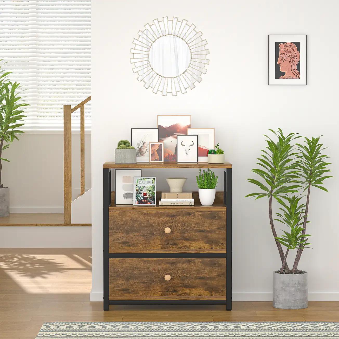 Industrial 4-Tier Wood Bookshelf Factory Supplier Industrial 4-tier storage cabinet with 2 fabric drawers, rustic wood accent bookshelf for e-commerce sellers and commercial projects