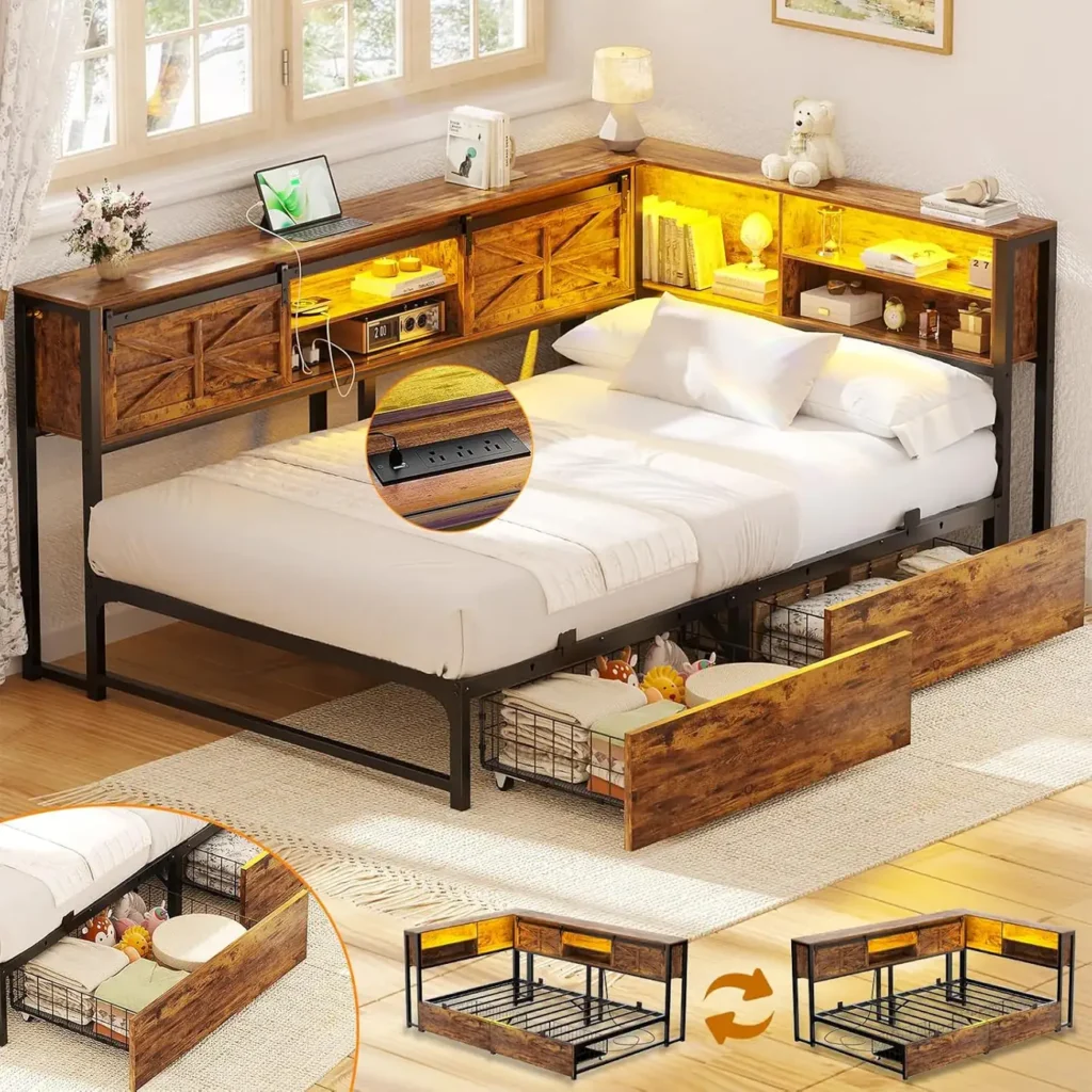 rustic twin corner bed frame with 2 drawers and led headboard