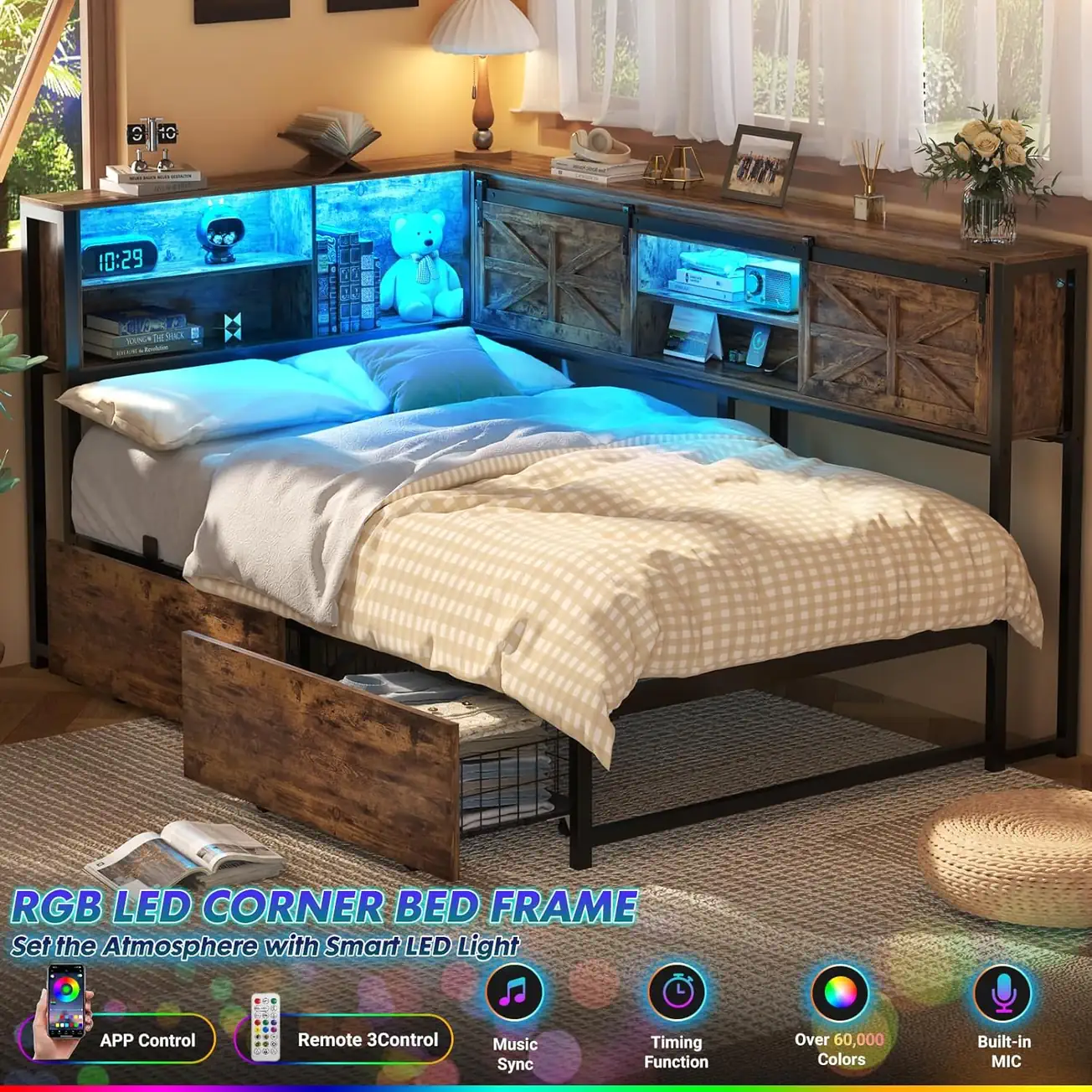 Rustic Corner Bed Frame with Storage Drawers & App-Controlled RGB LED Industrial rustic twin corner bed frame with 2 storage drawers, featuring smart RGB LED atmosphere lights built into the bookcase headboard with app and remote control