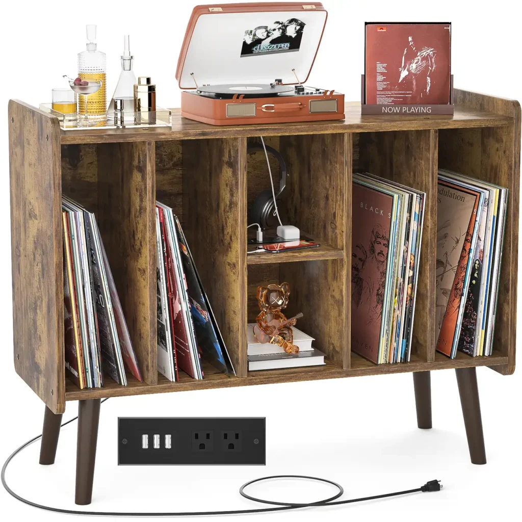 Rustic wood grain record player stand with 6 storage grids and built-in power strip outlets