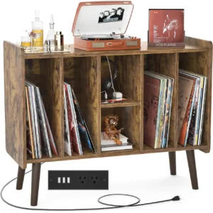 Rustic wood grain record player stand with 6 storage grids and built-in power strip outlets