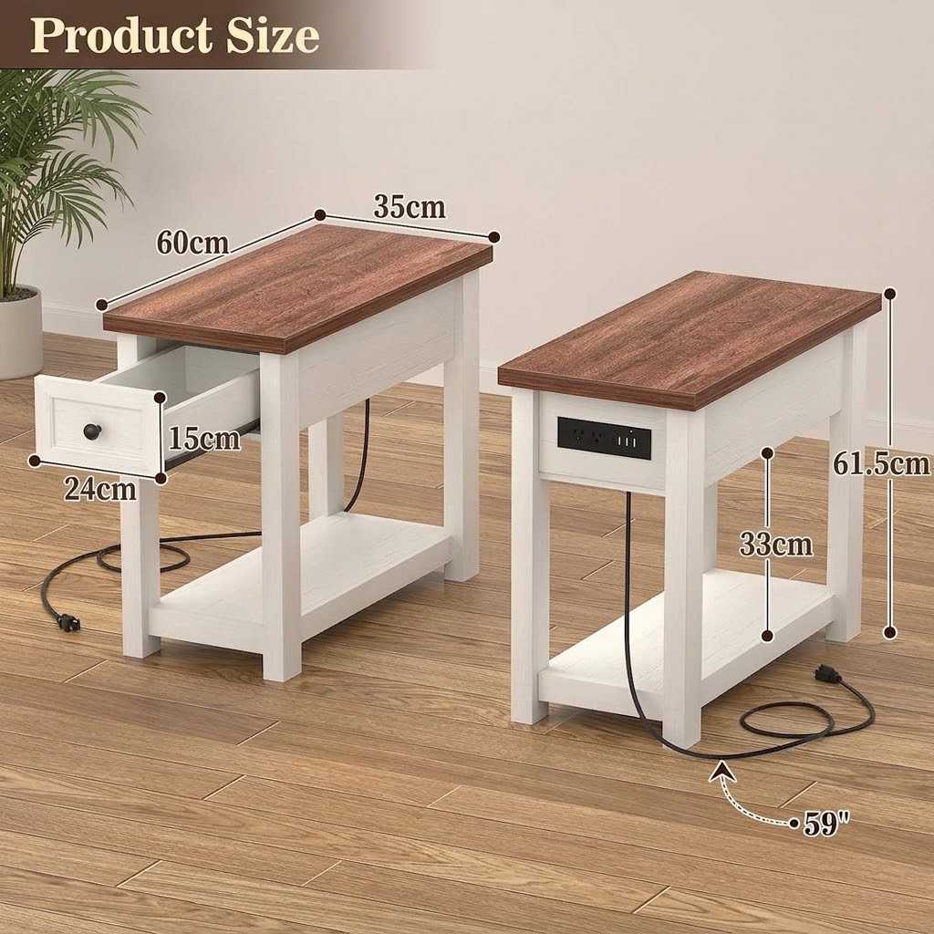 Slim Farmhouse Side Table Specifications & Dimension Diagram Detailed size chart of a white and brown slim farmhouse side table, showing measurements in centimeters for 60x35x61.5 cm total size, drawer height, and a 59 inch power cord