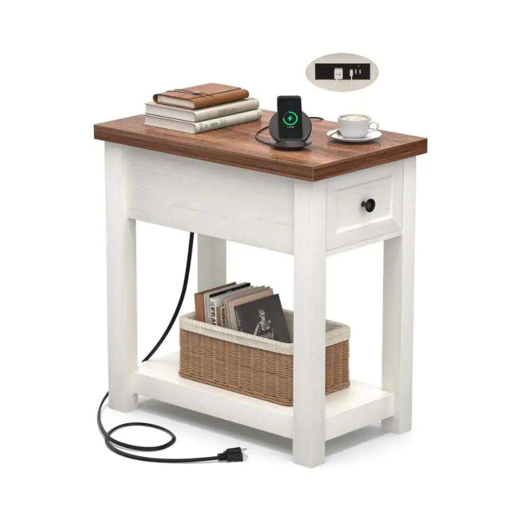 Slim Two-Tone Farmhouse Side Table with Spill-Proof Rear Charging Hub An antique white slim farmhouse end table with a rich brown wood top on a pure white background, featuring a single storage drawer, a lower shelf with a storage basket, and an innovatively embedded rear charging station