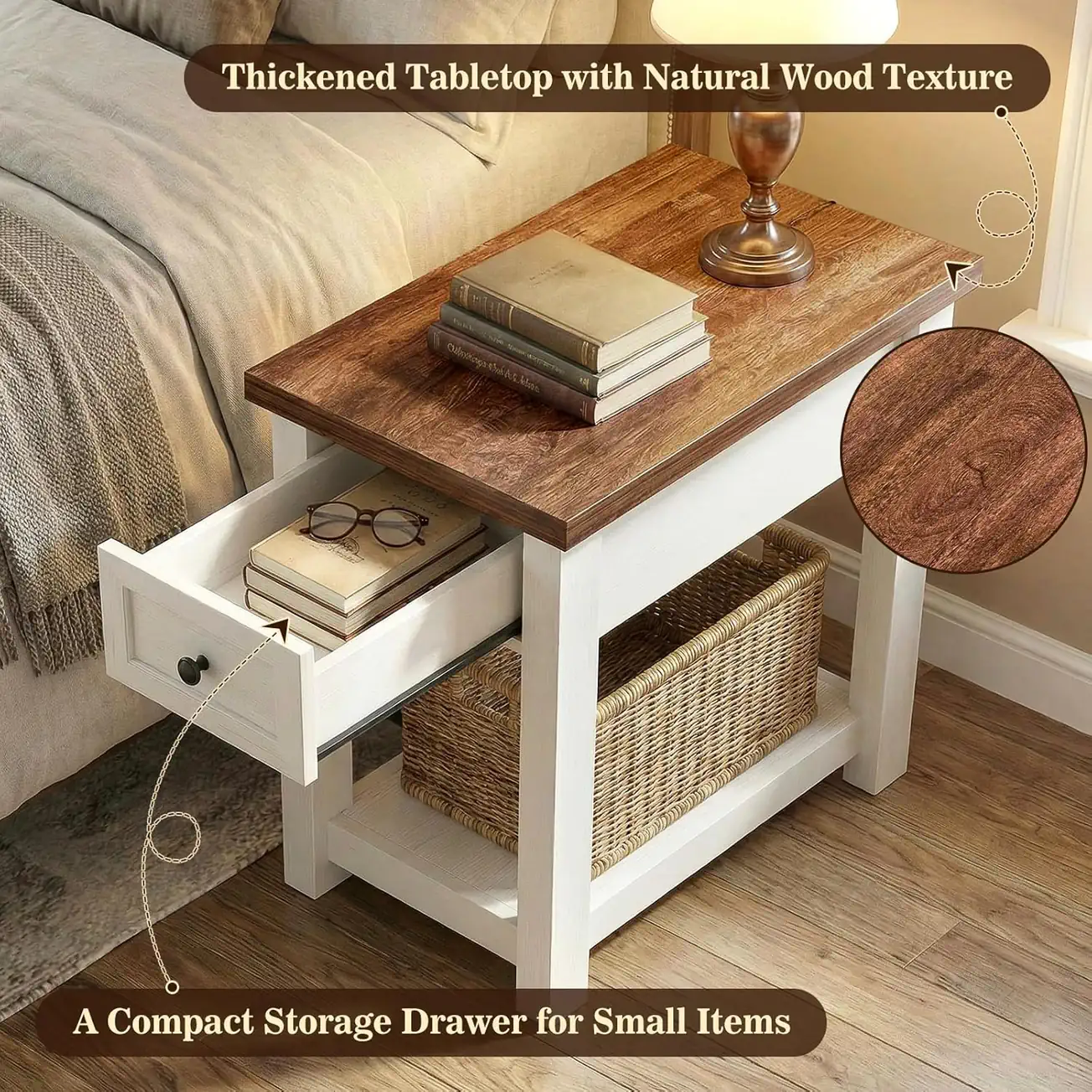 Slim Bedside Table Craftsmanship - Thickened Wood Top & Compact Drawer Detail diagram of a white and brown slim side table featuring a texturized thickened tabletop with natural wood texture, and a fully extended compact storage drawer holding books and glasses