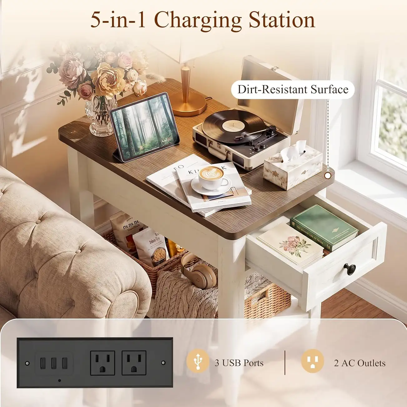 slim side table 5-in-1 charging station details 5-in-1 slim side table with charging station, 3 USB ports and 2 AC outlets