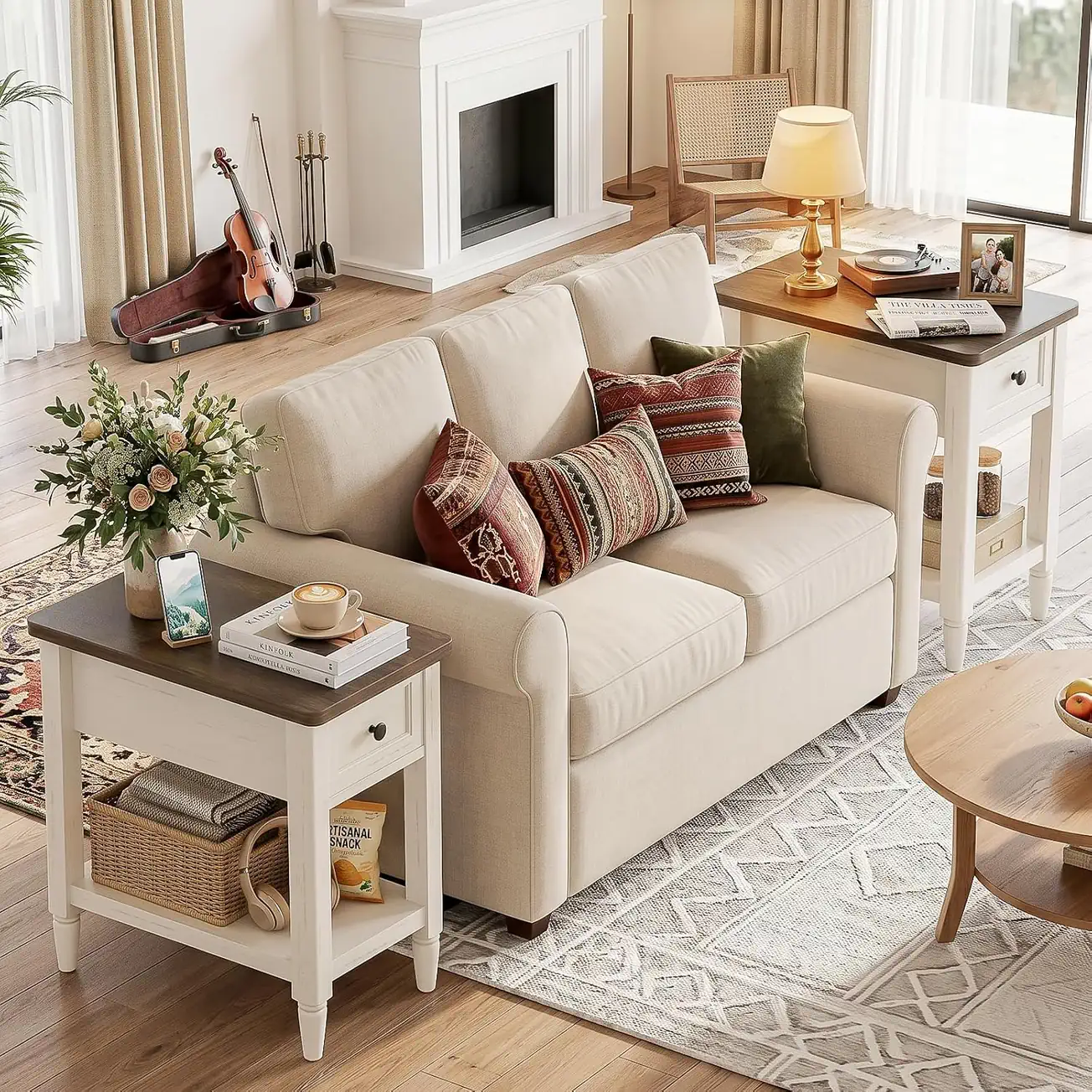 slim side table living room lifestyle scene Slim farmhouse side tables placed next to a living room sofa