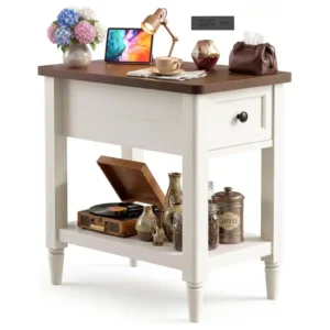 Slim side table with charging station and drawer in brown and white