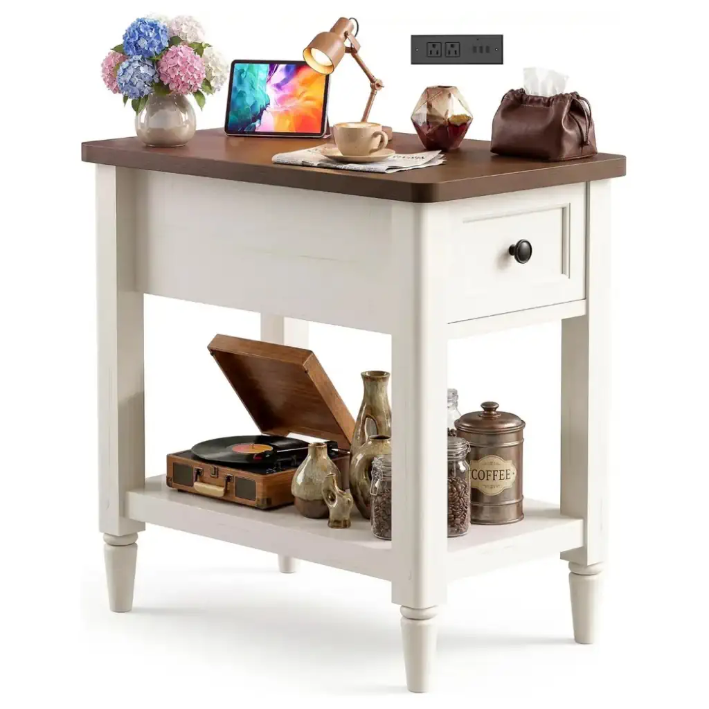 slim side table with charging station brown white Slim side table with charging station and drawer in brown and white