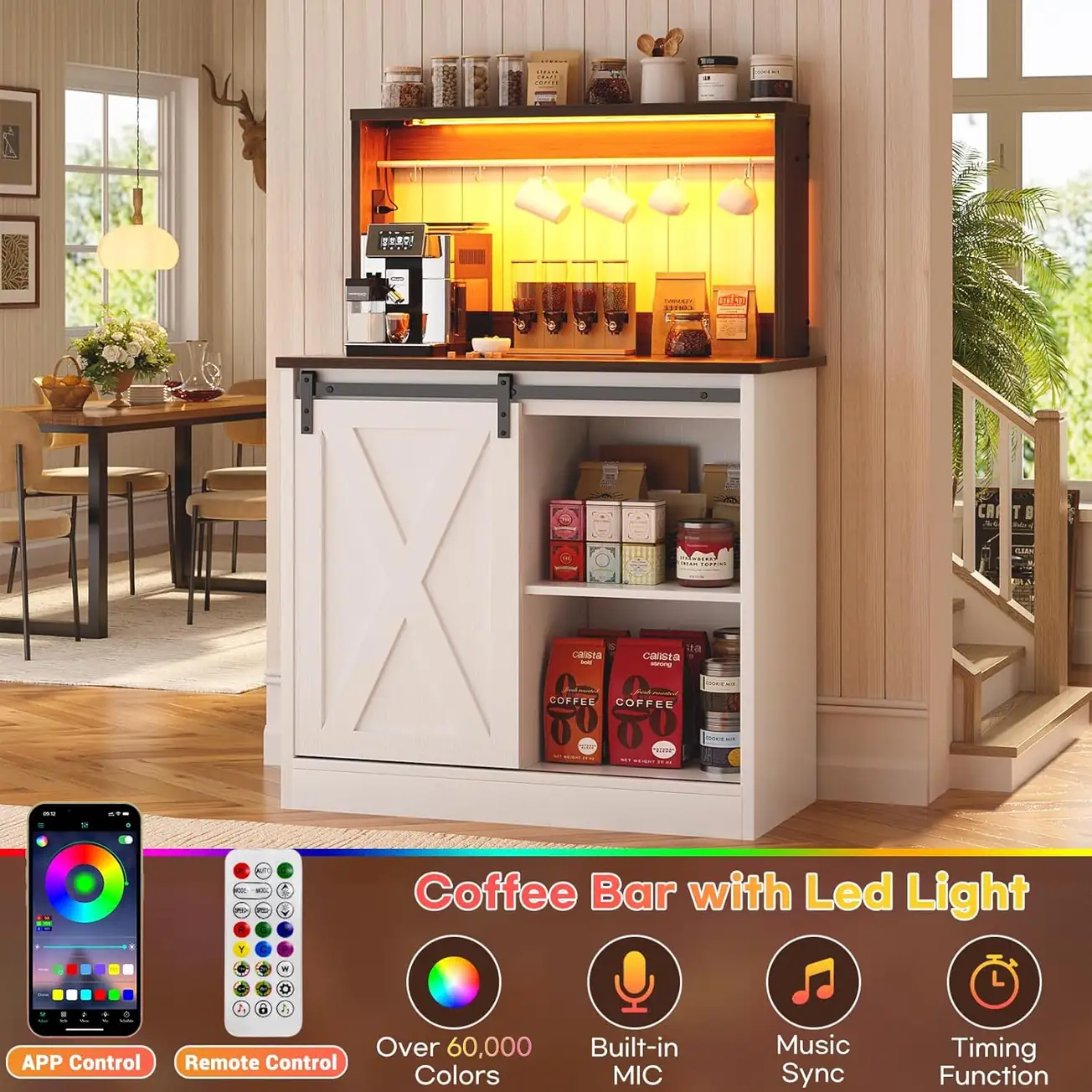 Smart RGB LED Light Coffee Bar Cabinet App Control Smart RGB LED light coffee bar cabinet with APP and remote control, features music sync and multi-color ambient lighting for farmhouse home storage
