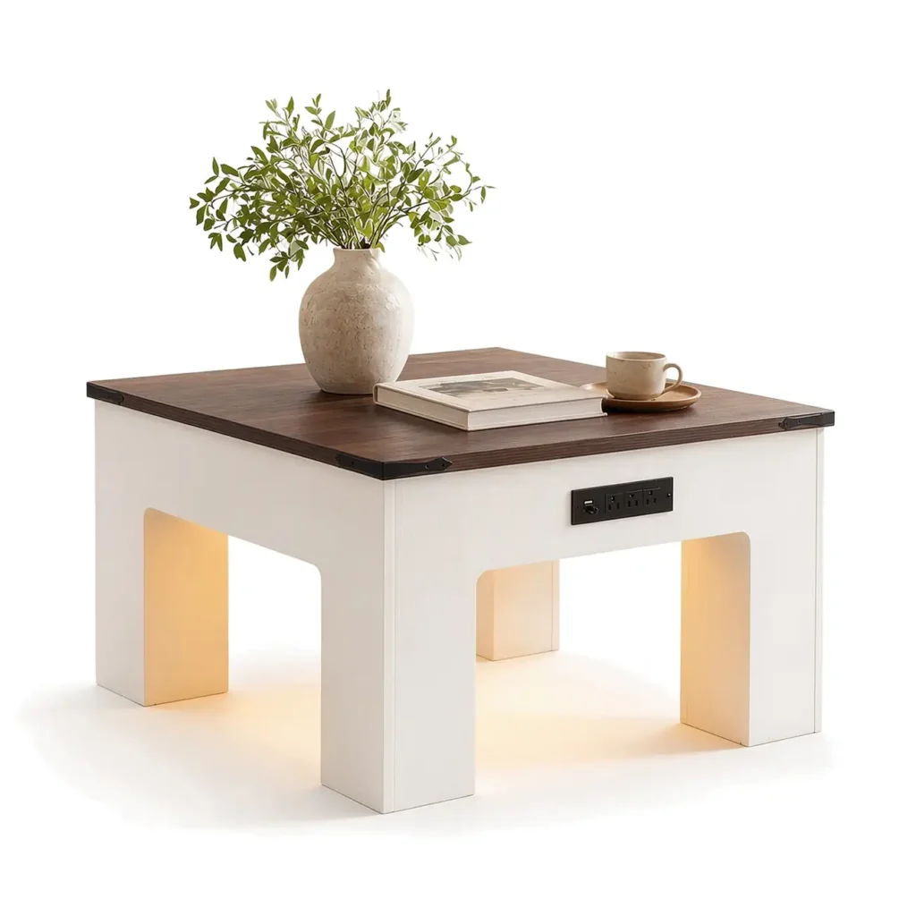 31.5" (80 cm) square coffee table with built-in charging station, 3 AC outlets, 2 USB ports, and LED lights, featuring a dark brown wood grain top and white legs with black metal corner accents.