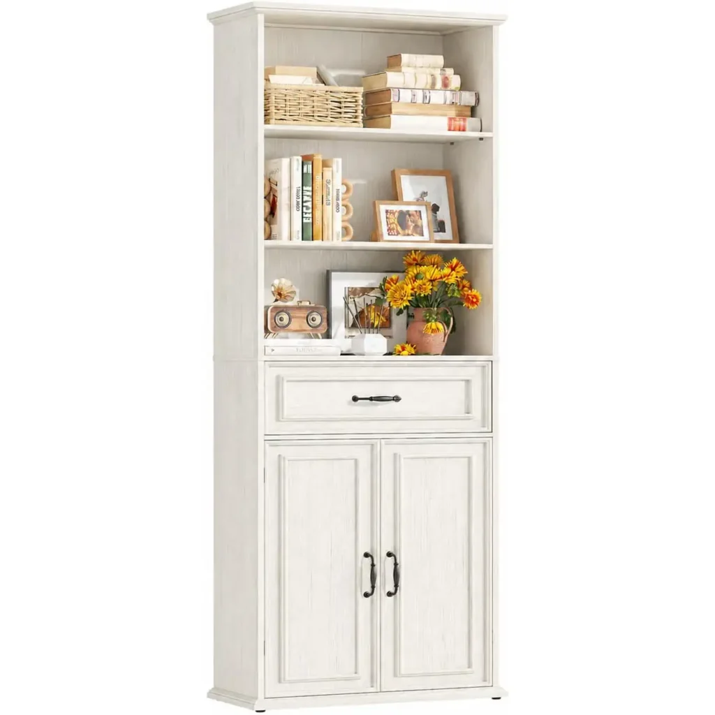 Tall Bookcase with Drawer and Double Doors Cabinet in White Oak Finish, 6-Shelf Display Storage Organizer