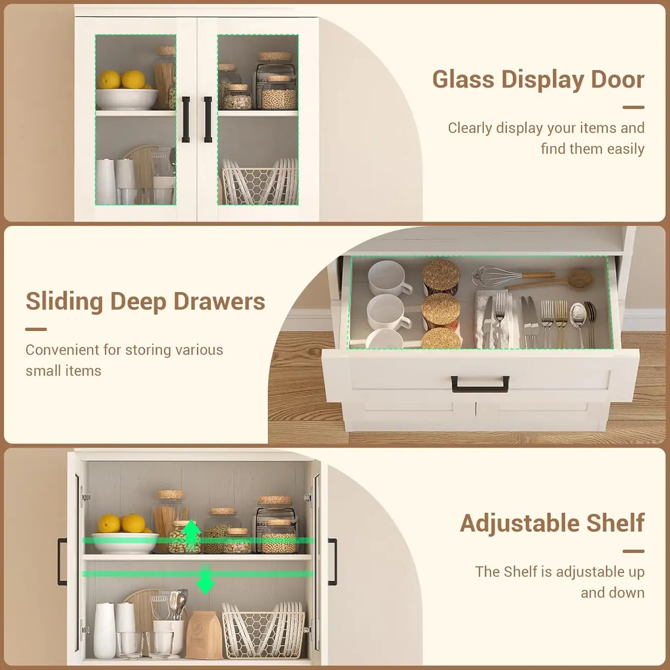 tall storage hutch glass door sliding drawers details Infographic breakdown of the kitchen storage hutch featuring **glass display doors, sliding deep drawers with metal tracks, and height-adjustable shelves** with green arrow indicators