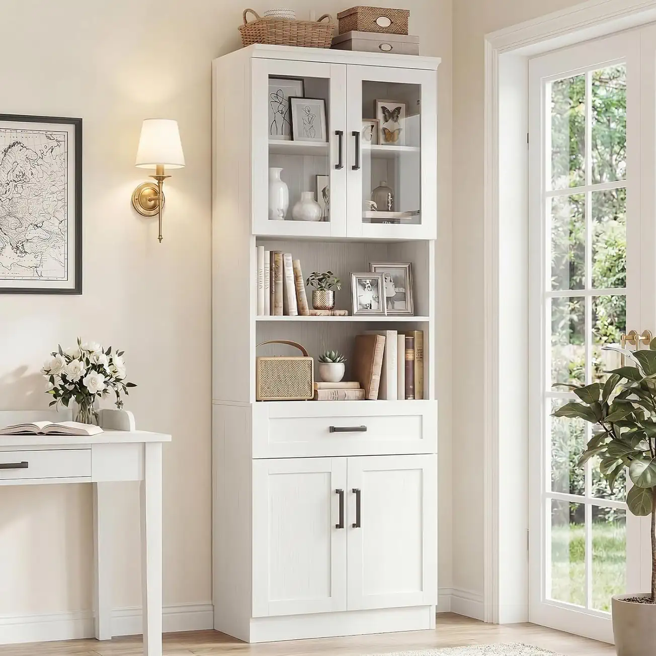 tall white bookcase home office storage cabinet lifestyle Tall white bookcase with glass doors** used as a home office storage cabinet next to a white desk and a bright glass door.