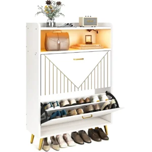 Modern white entryway shoe cabinet with tipping bucket design and motion sensor led light