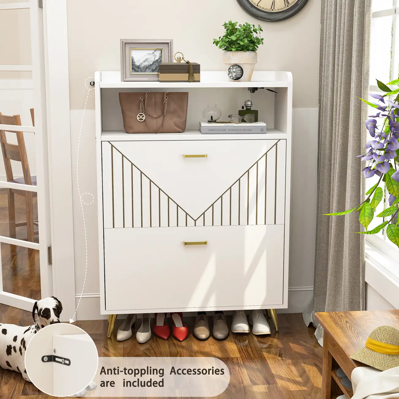 Shoe Cabinet - Tipping Bucket White Anti-Toppling White entryway shoe cabinet features with built-in anti-toppling hardware accessories and wall anchor kit