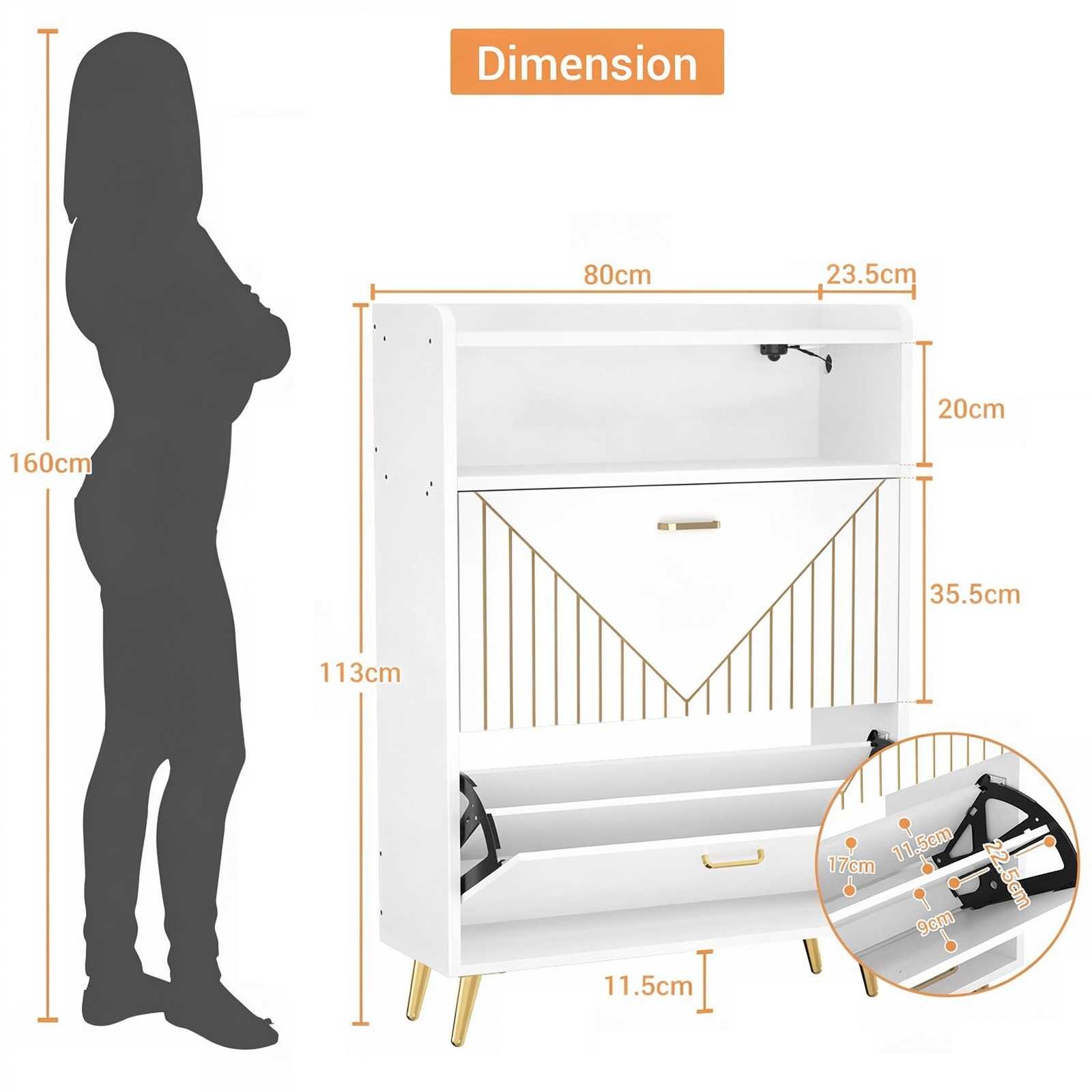 Shoe Cabinet - Tipping Bucket White Dimensions White entryway shoe cabinet dimensions chart showing 113cm height and 23.5cm ultra thin depth specifications