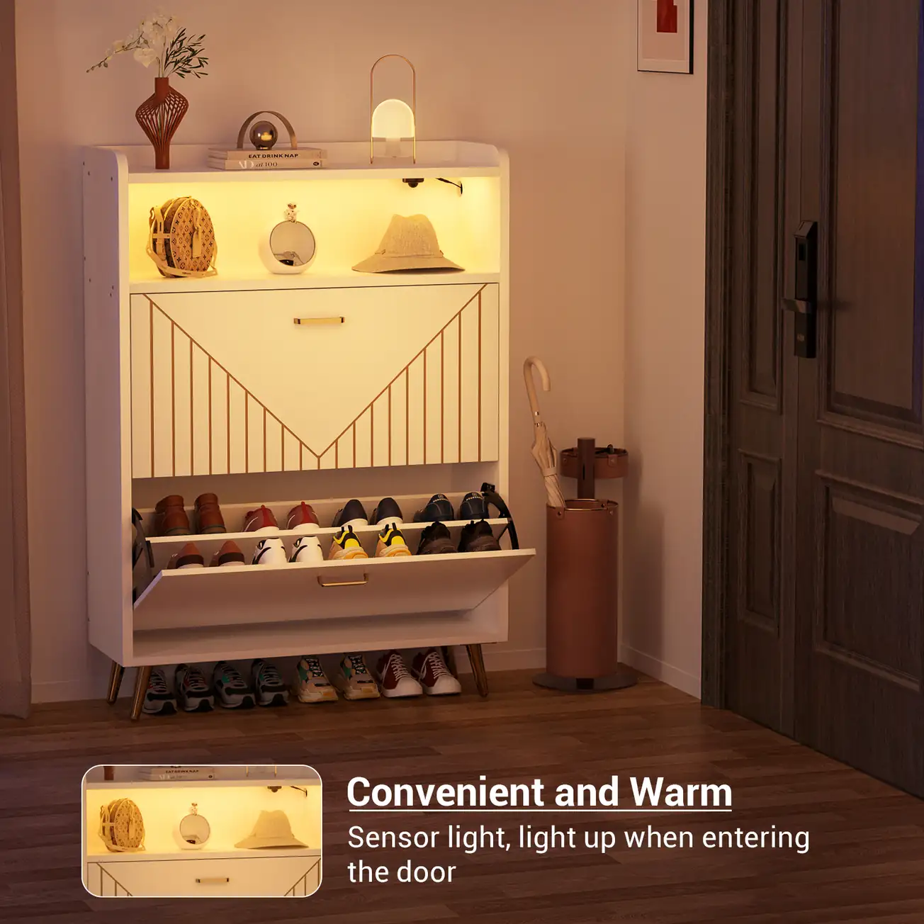Shoe Cabinet - Tipping Bucket White Lifestyle White entryway shoe cabinet with tipping bucket design showing built-in motion sensor light lifestyle