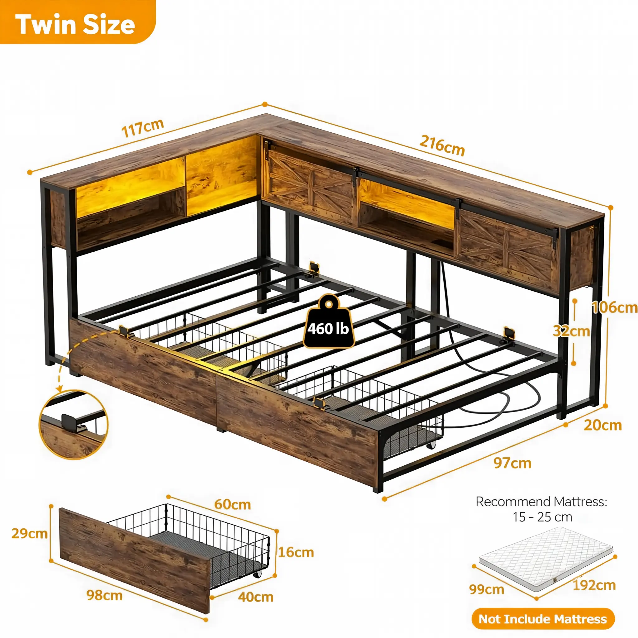 Twin Size Corner Storage Bed Frame Dimensions and Weight Capacity Detailed size chart of twin size corner storage bed frame with 2 drawers, showing frame dimensions of 216cm by 117cm and 460 lbs weight capacity