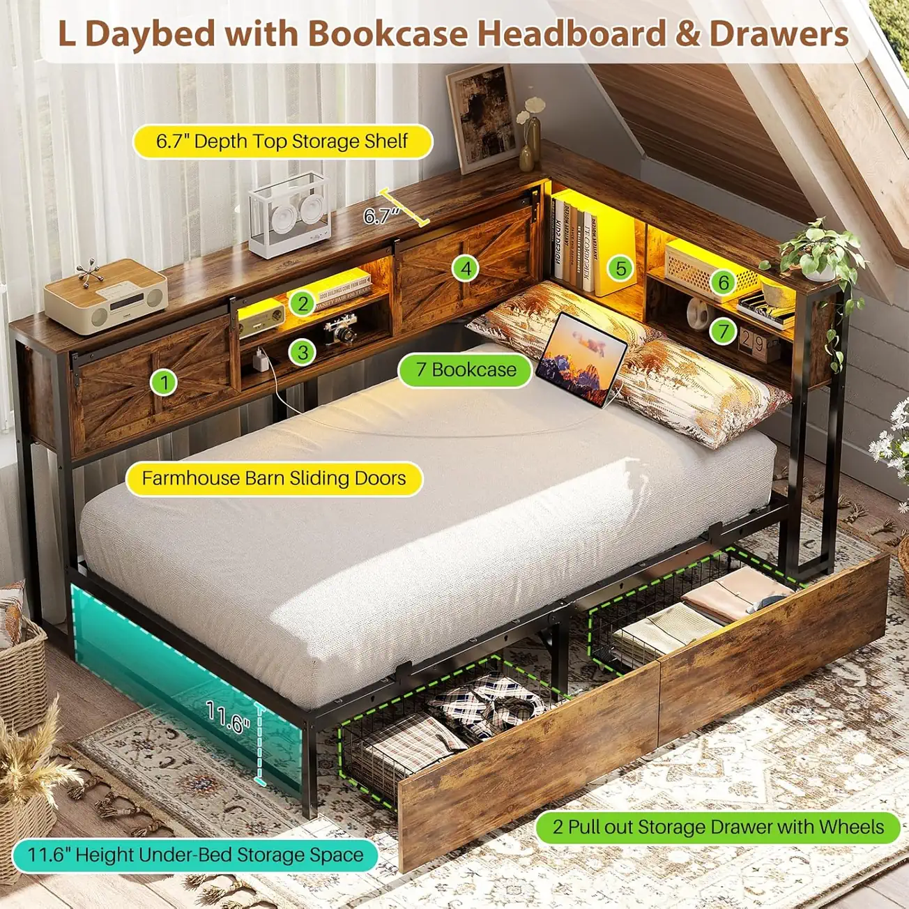 L-Shaped Daybed Frame with Bookcase Headboard & Drawers Specifications Detailed feature diagram of an L-shaped twin daybed frame showing 6.7 inch top shelf depth, 11.6 inch under-bed storage height, and 2 pull-out drawers on wheels