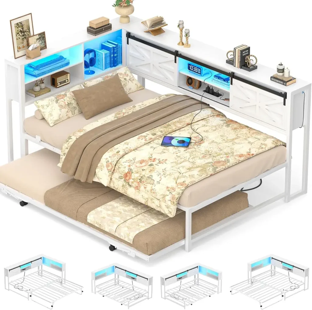 White twin corner bed frame with a pop-up trundle that pulls out to convert into a king-size bed, featuring a storage headboard with built-in charging station and sliding barn doors