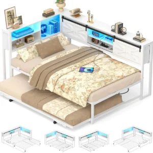 White twin corner bed frame with a pop-up trundle that pulls out to convert into a king-size bed, featuring a storage headboard with built-in charging station and sliding barn doors