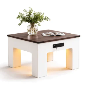 two tone white and walnut square wood coffee table with charging station and built in led lights