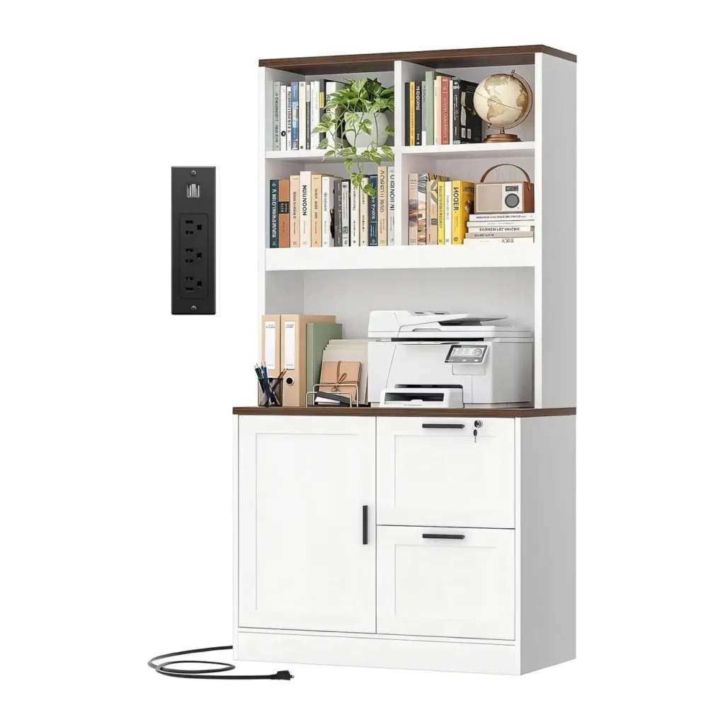 Modern white vertical file cabinet bookcase with an integrated power hub, open book compartments, middle printer platform, lower storage cabinets, and a lockable drawer system on a white background