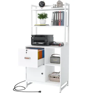 Vertical filing cabinet second variant with 2-tier open bookshelf, printer stand, built-in charging station, and locking file drawer