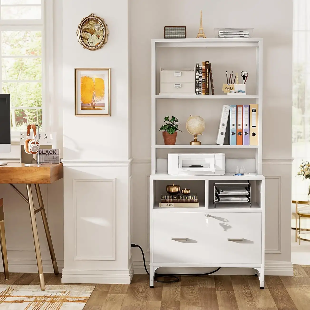 vertical-office-file-cabinet-with-hutch-white-lifestyle white vertical office file cabinet with hutch in home office setup