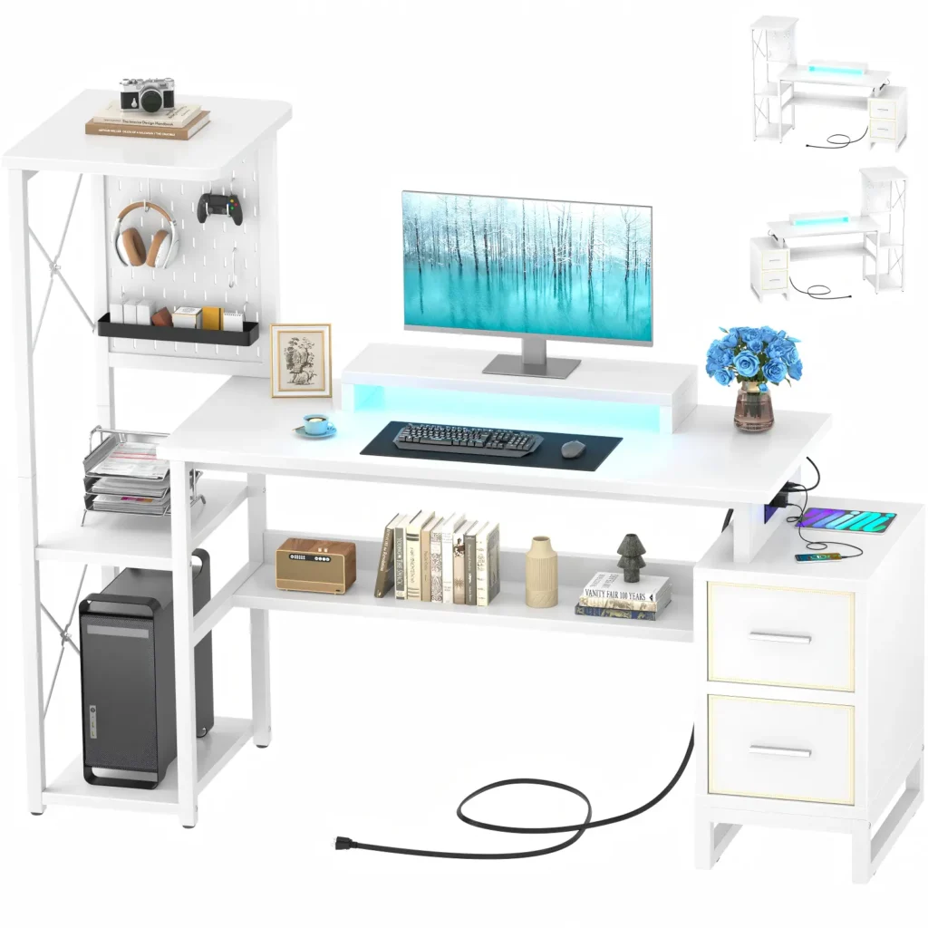 ：All white computer desk with 2 fabric drawers and 2-tier storage shelves.
