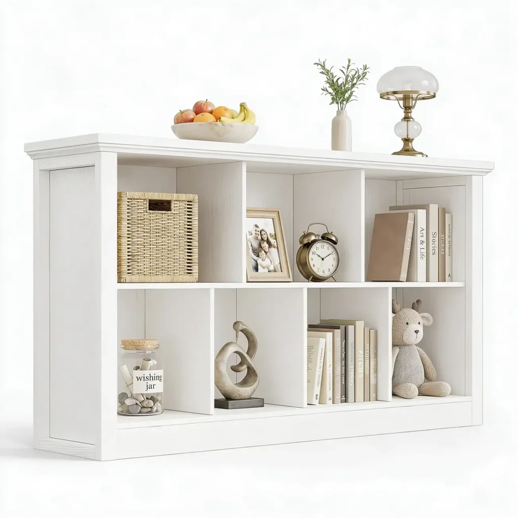 Warm white 2-tier open cube storage organizer and low bookcase featuring a unique asymmetric 7-cube layout and a sturdy full-contact ground base