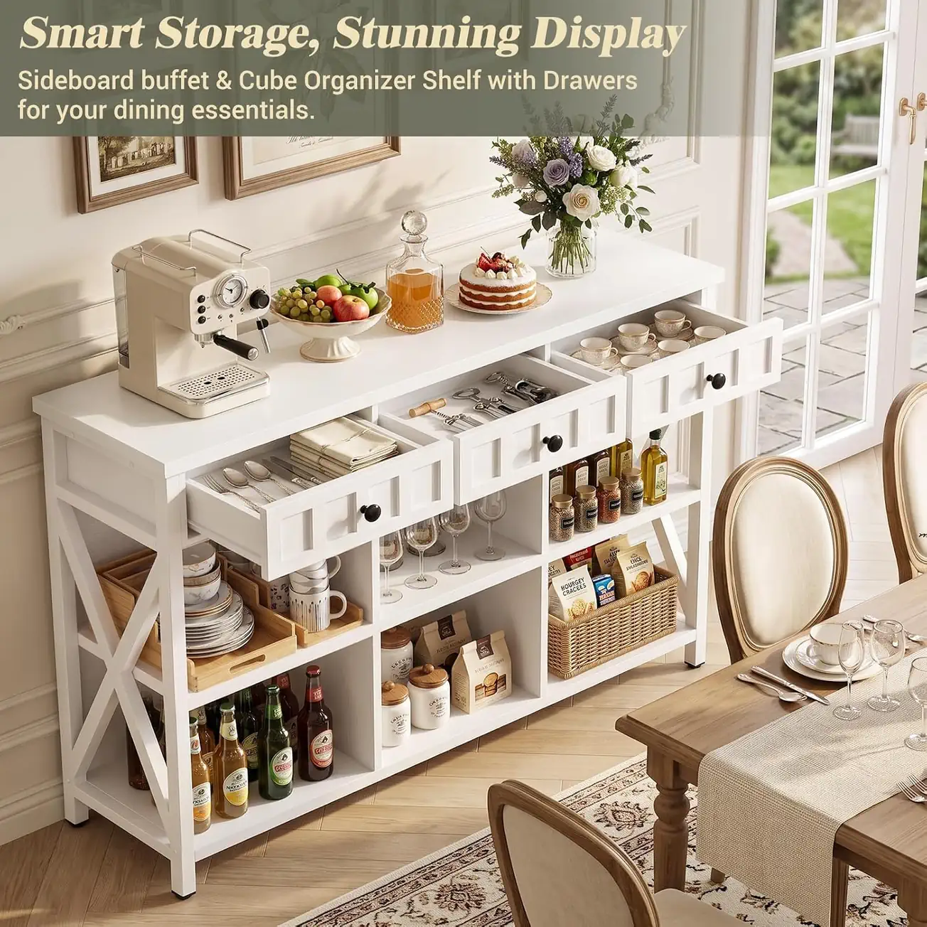 White 6-Cube Sideboard Buffet Lifestyle - Dining Room Modern white sideboard buffet and 3-drawer 6-cube storage organizer used as a dining room coffee bar table holding a coffee maker