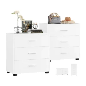 Wholesale modern white 3-drawer wood closet organizers set of 2, stackable modular pure white nightstands and bedside table pair on a white background.