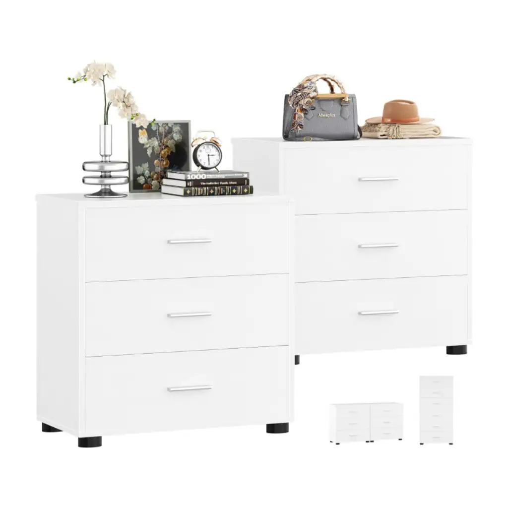 Wholesale modern white 3-drawer wood closet organizers set of 2, stackable modular pure white nightstands and bedside table pair on a white background.